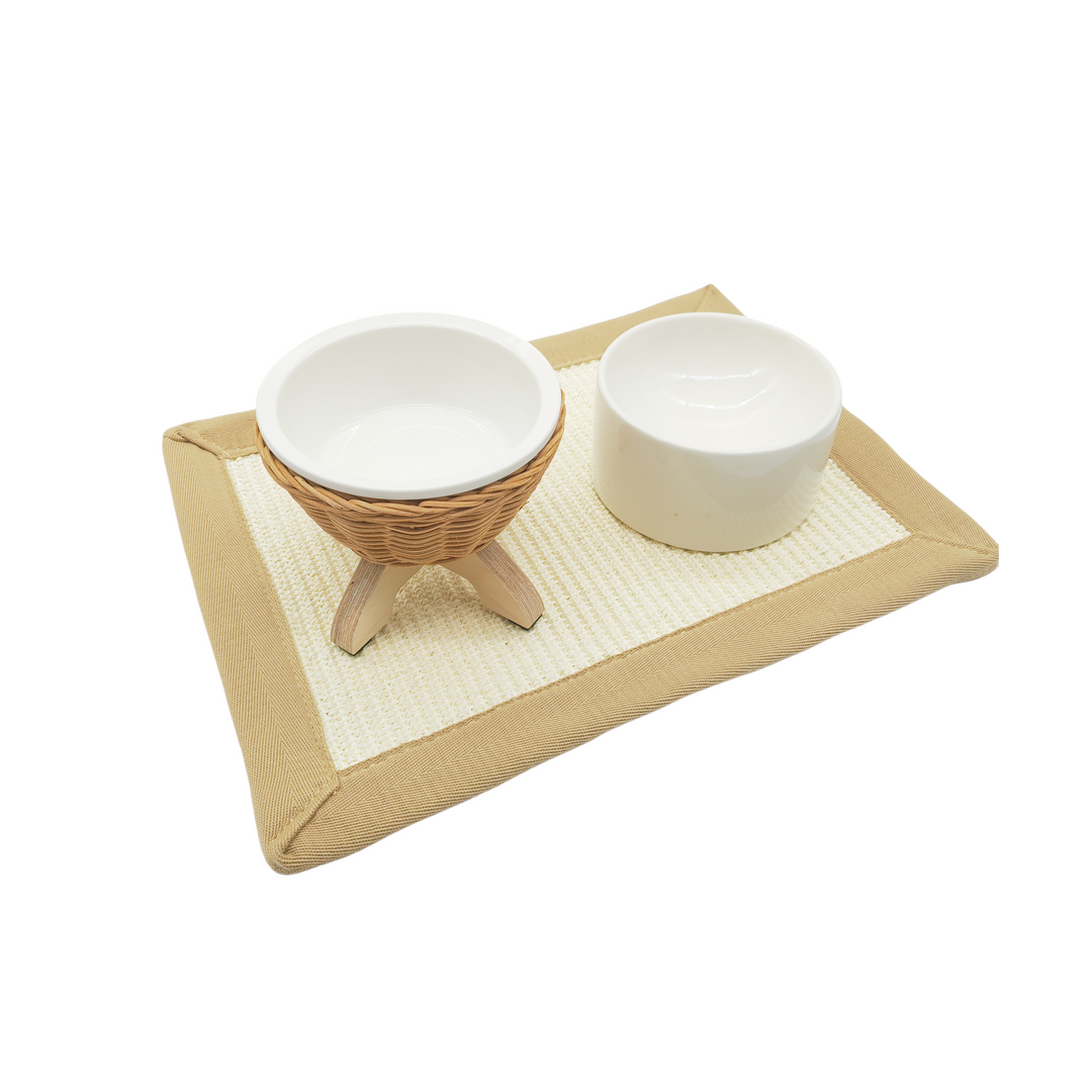 Rattan Ceramic Bowl with Placemat, 2 Bowls with 1 Placemat Set