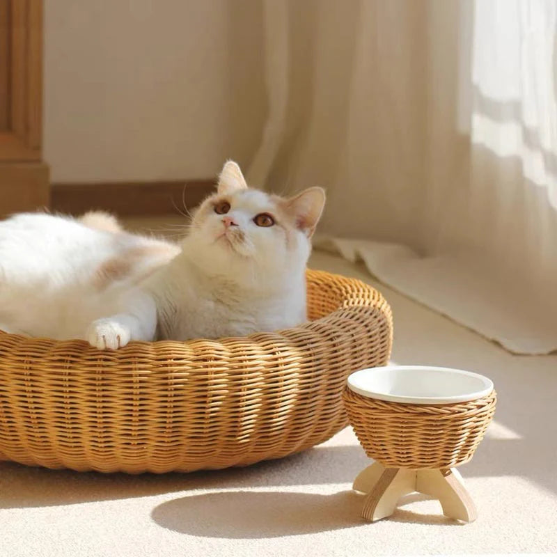 Rattan Ceramic Bowl with Placemat, 2 Bowls with 1 Placemat Set