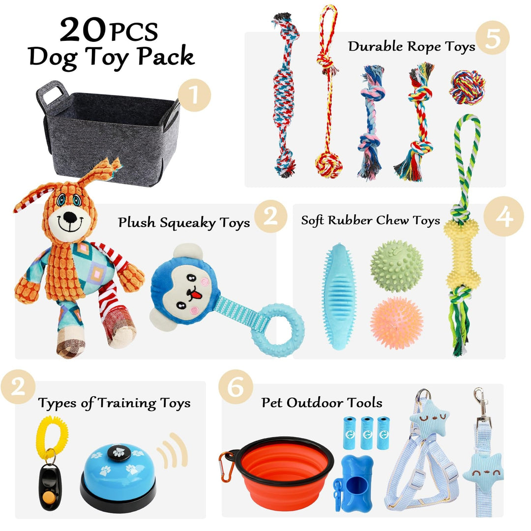 20 Pack Dog Chew Toys for Small Medium Dogs, Puppy Toys with Rope, Treat Balls and Squeaky Toys